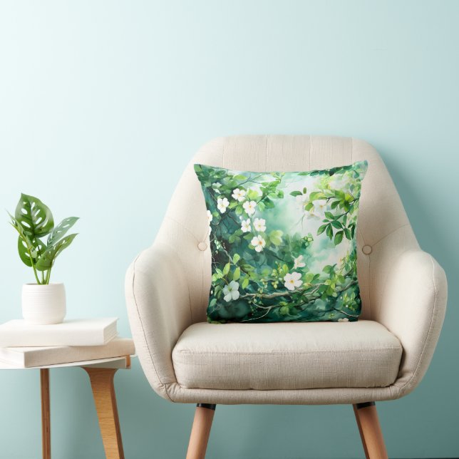 Botanisk akvarell Vita Blommor Gröna blad Kudde (Stol)