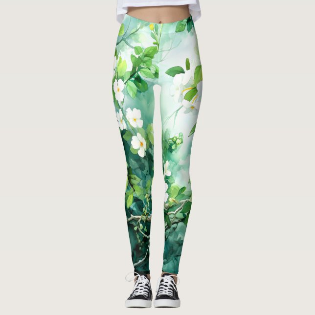 Botanisk akvarell Vita Blommor Gröna blad Leggings (Framsida)