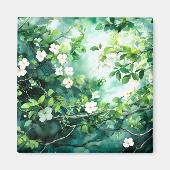 Botanisk akvarell Vita Blommor Gröna blad Magnet (Framsidan)