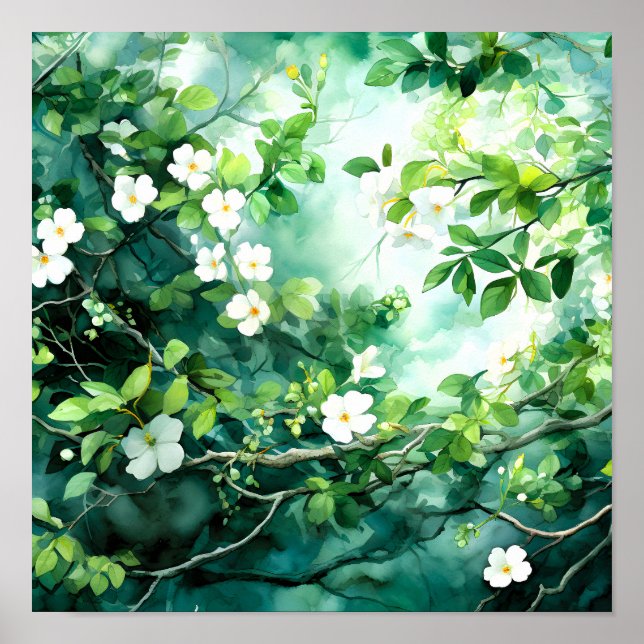 Botanisk akvarell Vita Blommor Gröna blad Poster (Framsidan)