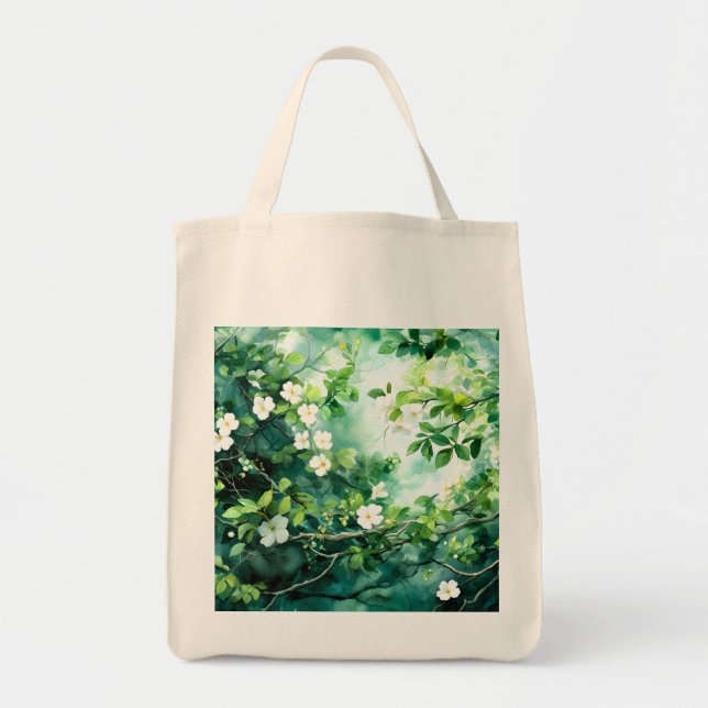 Botanisk akvarell Vita Blommor Gröna blad Tygkasse (Framsidan)