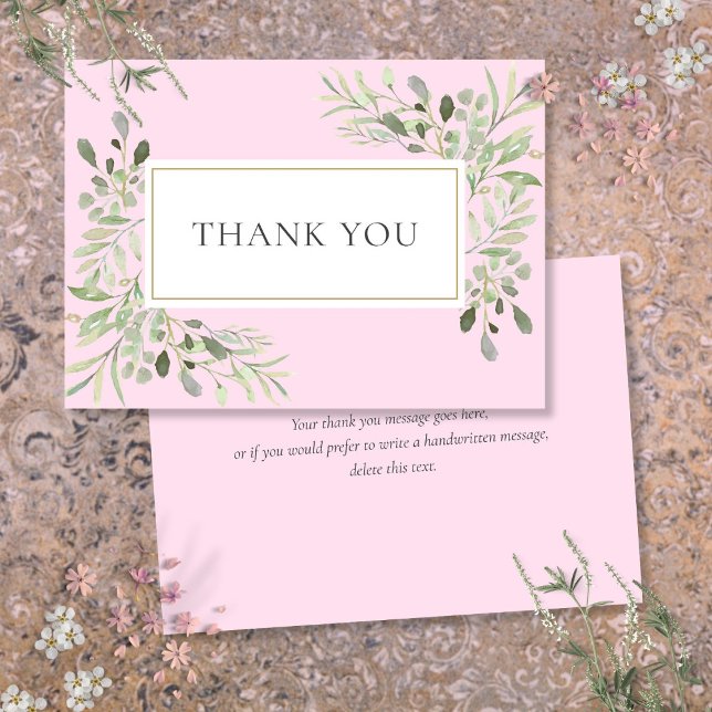 Botanisk akvarellgrönska Blommig Rosa Tack Kort (Botanical Watercolor Greenery Floral Pink Thank You Card)