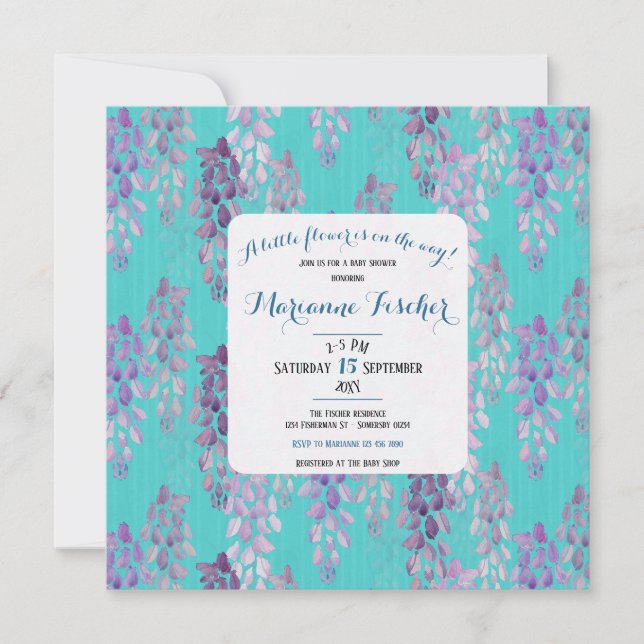 Botanisk Aqua blå blomster vattenfärg Baby Shower (Framsida)