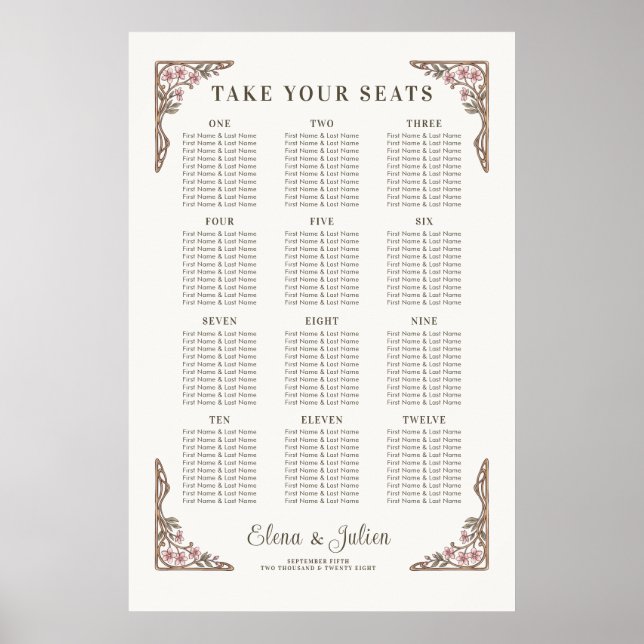 Botanisk Art Nouveau bröllops sittplatskarta affis Poster (Framsidan)
