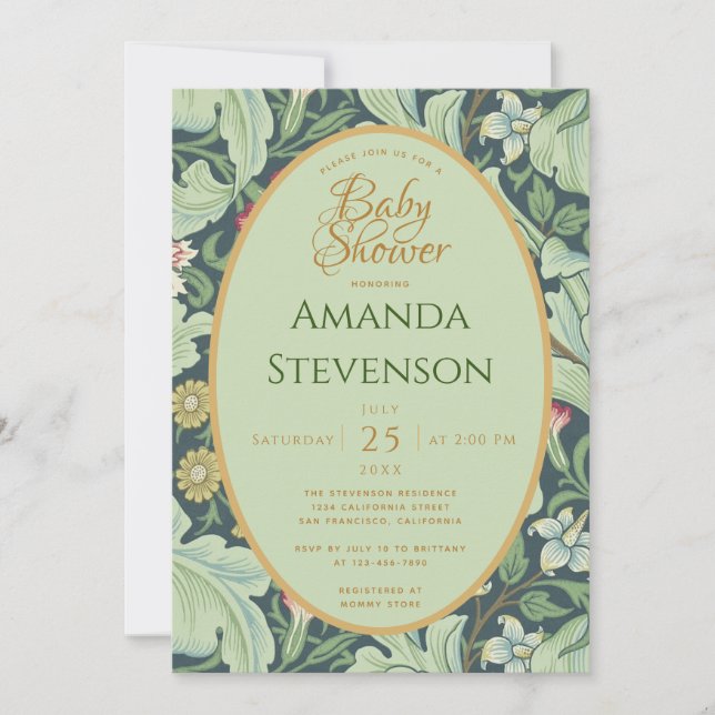 Botanisk Baby Shower Guld Gröna blad Leicester Inbjudningar (Framsida)