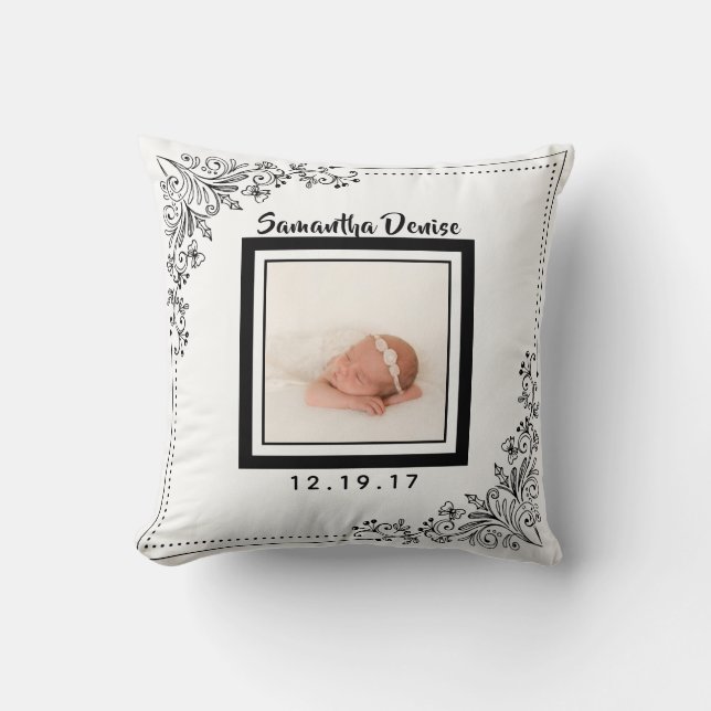 Botanisk barnkammare för födelsemeddelandefoto kudde (Framsida)