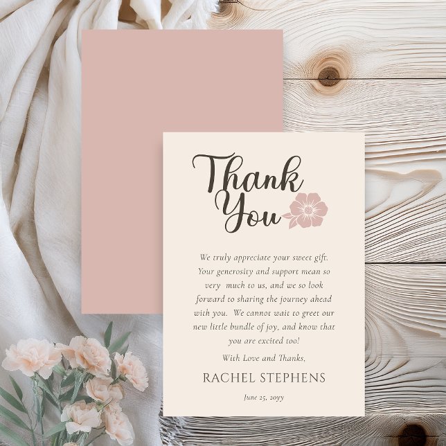 Botanisk Bebis Shower Tackkort Rosenskär Rosa Tack Kort (Elegant botanical baby shower thank you card with pink floral accent on neutral background )