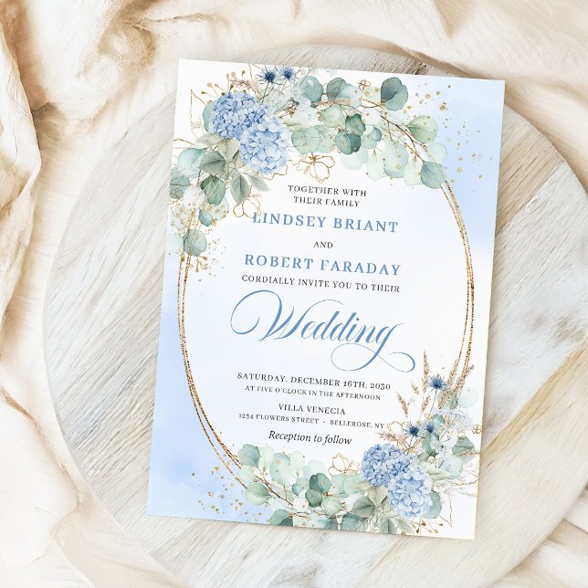 Botanisk blå hortensia eukalyptus bröllopsinbjudan inbjudningar (Botanical Blue Hydrangea Eucalyptus Wedding Invitation)