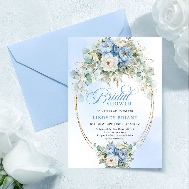 Botanisk blå peony Eucalyptus Guld Bröllopsdusch Inbjudningar (Botanical Blue Peony Eucalyptus Gold Bridal Shower Invite)