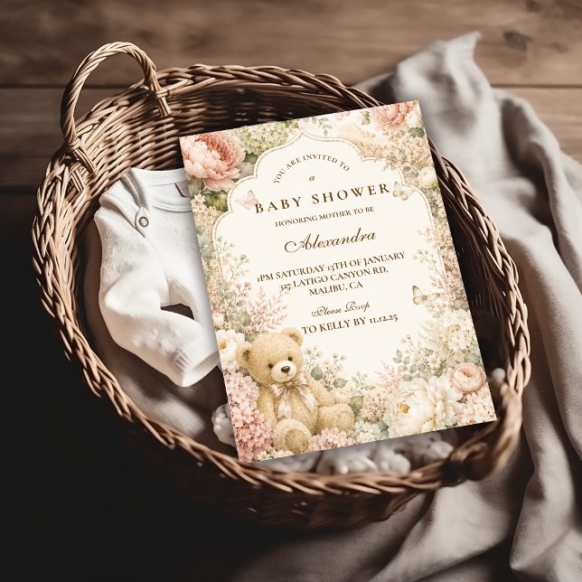 Botanisk Blommig Teddybjörn Bebis Shower Inbjudningar (Skapare uppladdad)