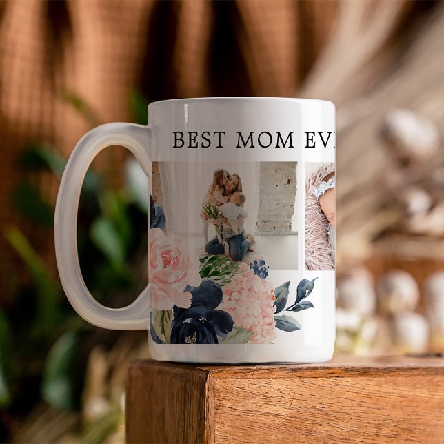 Botanisk Blommigt Best Mamma någonsin Fotokollage Kaffemugg (Presenting a custom-crafted Mother's Day mug with beautiful florals framing a photo collage)