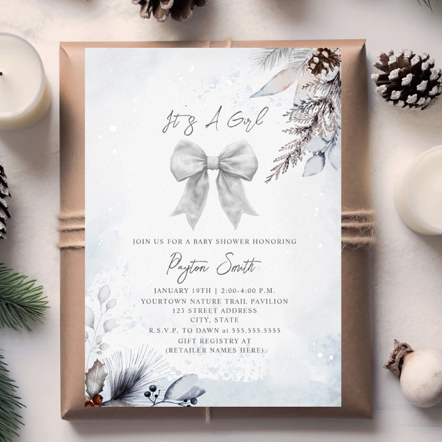 Botanisk Blommigt Bow Winter Girl Baby Shower Inbjudningar (Skapare uppladdad)