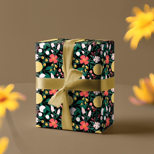 Botanisk Blommigt Festive Garden Mönster Black Presentpapper (Botanical Floral Festive Garden Pattern Black Wrapping Paper)