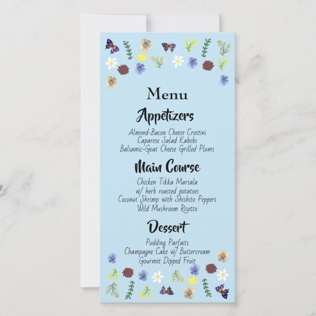 Botanisk Blommigt Garden Blue Bröllop Menu (Framsida)