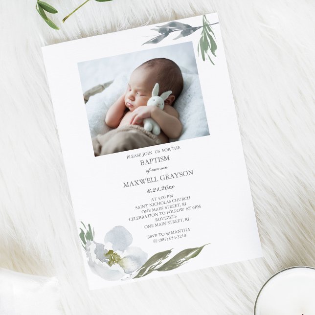 Botanisk Blommigt Greenery Boy Baptism Photo Inbjudningar (Skapare uppladdad)