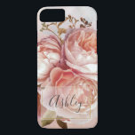 BOTANISK BLOMMIGT PEONY Namn Monogram<br><div class="desc">BOTANICAL BLOMMIGT PEONY Namn Monogram iphone case - dekorera din mobilare i stil med detta vackra iphone case med en vacker bouquet rosa ros och peony, över en vacker rosa och blå vattenfärg. En elegant, vit, sårad lagrar som gränsar till en innerfaux faux löv-stroke ramar i namn, i vacker grått-manustypografi....</div>