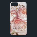 BOTANISK BLOMMIGT PEONY Namn Monogram<br><div class="desc">BOTANICAL BLOMMIGT PEONY Namn Monogram iphone case - dekorera din mobilare i stil med detta vackra iphone case med en vacker bouquet rosa ros och peony, över en vacker rosa och blå vattenfärg. En elegant, vit, sårad lagrar som gränsar till en innerfaux faux löv-stroke ramar i namn, i vacker grått-manustypografi....</div>