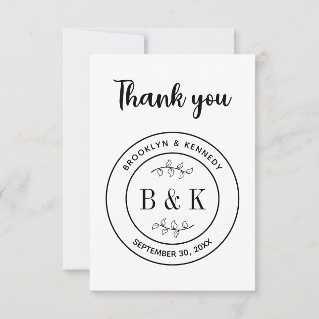 Botanisk Blommigt Roligt Monogram Bröllop par Namn Tack Kort (Framsida)