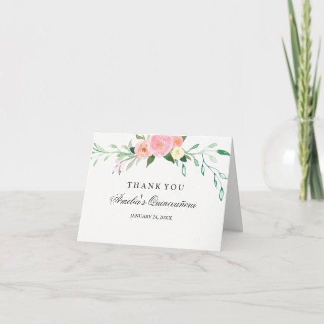 Botanisk Blommigt Vattenfärg Quinceanera Tack (Framsida)