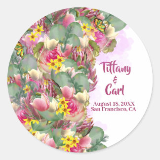 Botanisk Blommigt Wildblomma Bröllop Runt Klistermärke