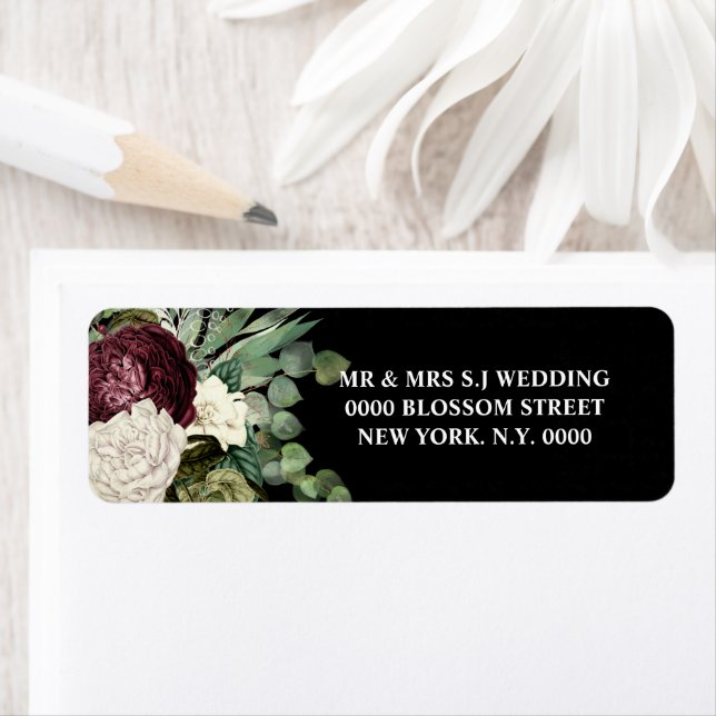 Botanisk blomning land ro Burgundy svart Returadress Etikett (Insitu)