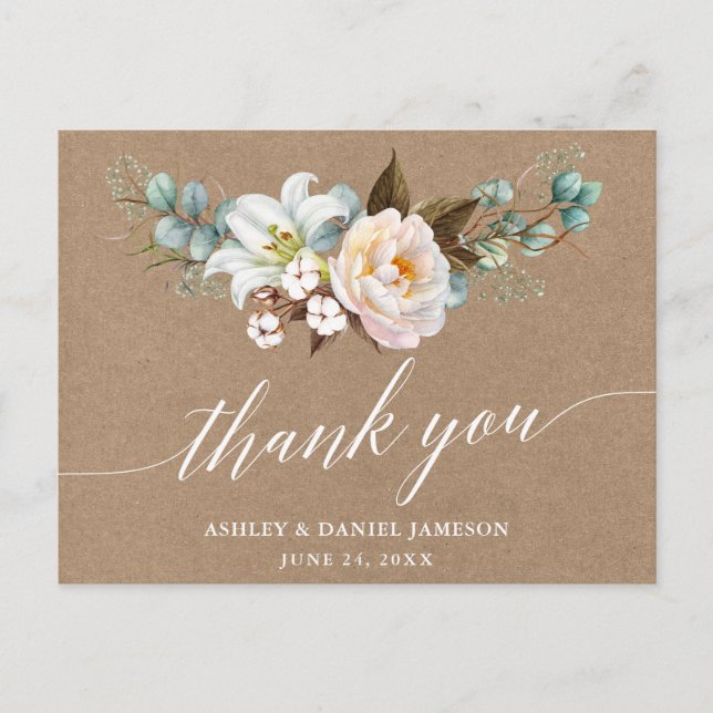 Botanisk blomster kalligrafi vigsel Kraft Tack Vykort (Framsida)