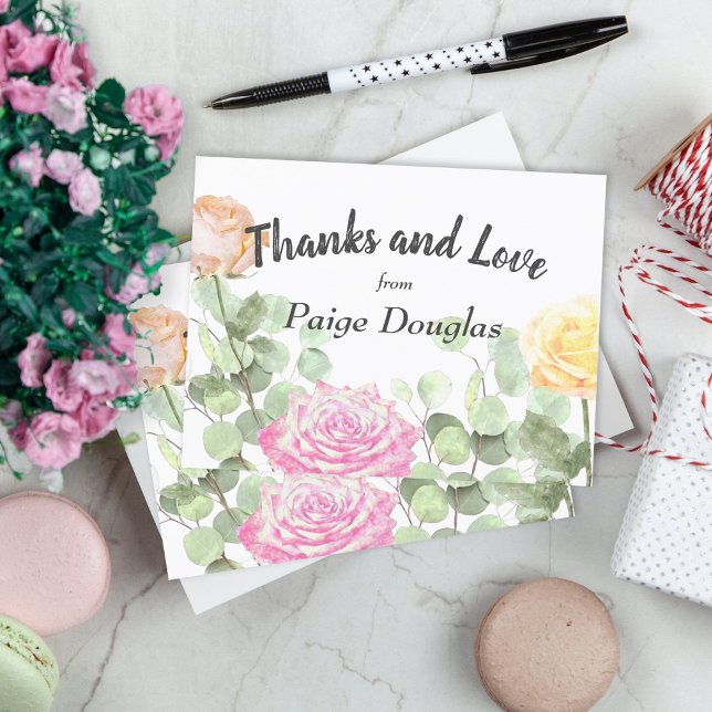 Botanisk blomsteraktig persika rosa gul examen kort (graduation party graduate thank you card thanks stationary floral pink peach roses flowers botanical)
