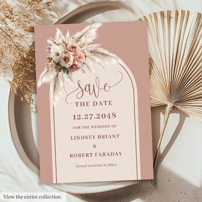 Botanisk Boho Dammrosa Pampas Spara Datum Inbjudningar (Botanical Boho Dusty Pink Pampas Save the Date)