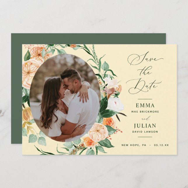 Botanisk Boho Grönska Mjuk Gul Neutral Foto Spara Datumet (Fram/baksida)