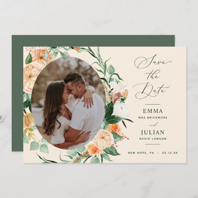 Botanisk Boho Grönska Persika Neutral Blomma Spara Datumet (Fram/baksida)