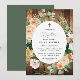 Botanisk Boho-Personlig Rustic Wood Baptism Inbjudningar