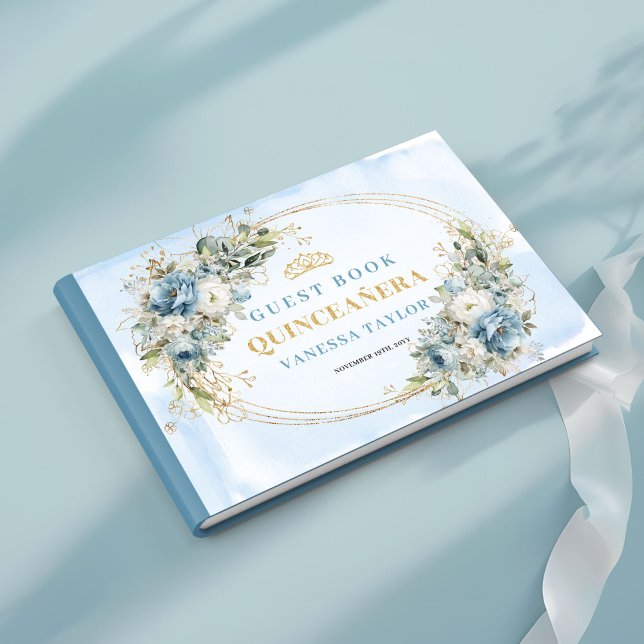 Botanisk Boho Quince Gästbok Blå Guld Tema (Botanical Boho Quince Guest Book Blue Gold Theme)