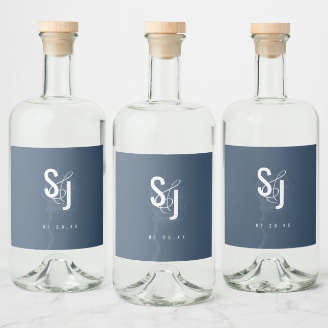Botanisk bomullsväxt blå bröllop spritflaskor etikett (Flaskor)
