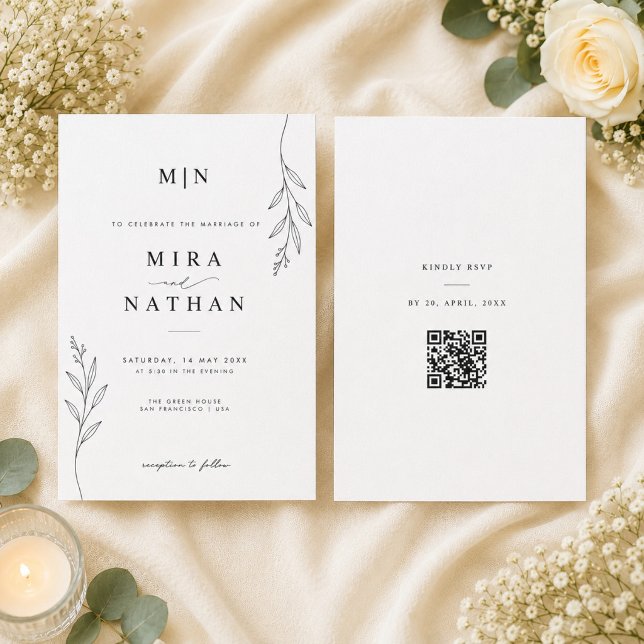 Botanisk bröllopsinbjudan med monogram & QR Inbjudningar (Skapare uppladdad)