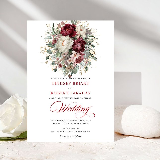 Botanisk burgund och vita blommor bröllopsinbjudan inbjudningar (Botanical Burgundy and White Flowers Wedding Invite)