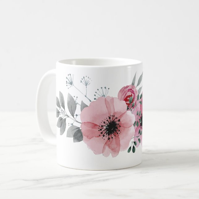 Botanisk chic blomsterelegant grå rosa blomma kaffemugg (Framsida vänster)