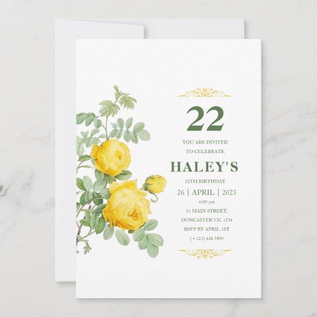 Botanisk Chic Gul & Grön Blommig 22-årsdag Inbjudningar (Framsida)