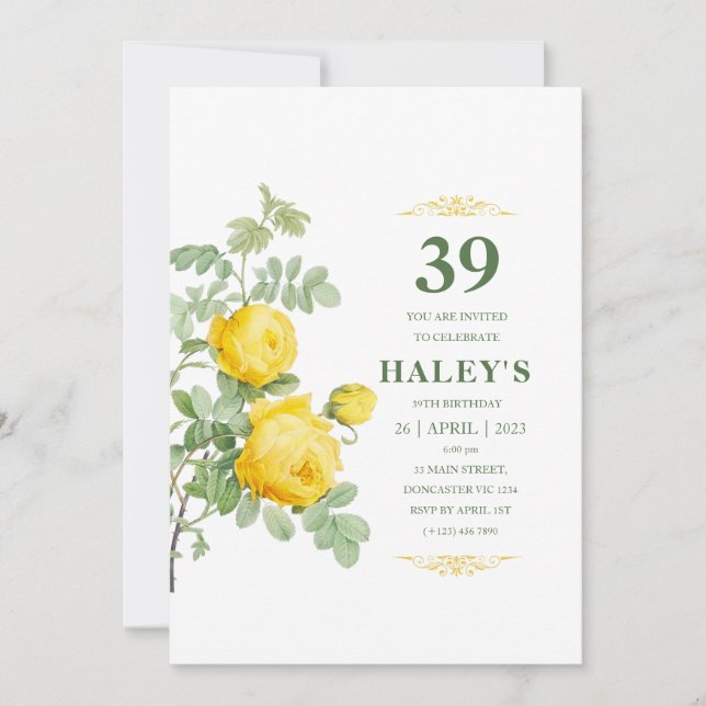Botanisk Chic Gul & Grön Blommig 39-årsdag Inbjudningar (Framsida)