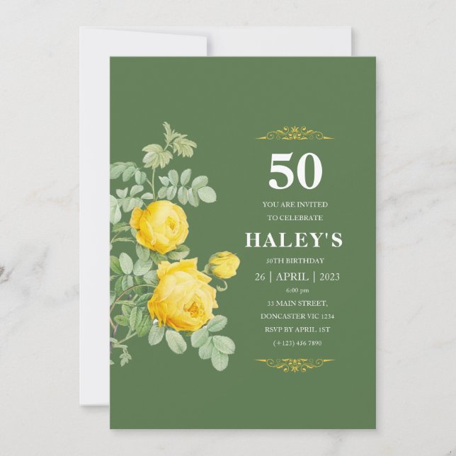 Botanisk Chic Gul & Grön Blommig 50-årsdag Inbjudningar (Framsida)