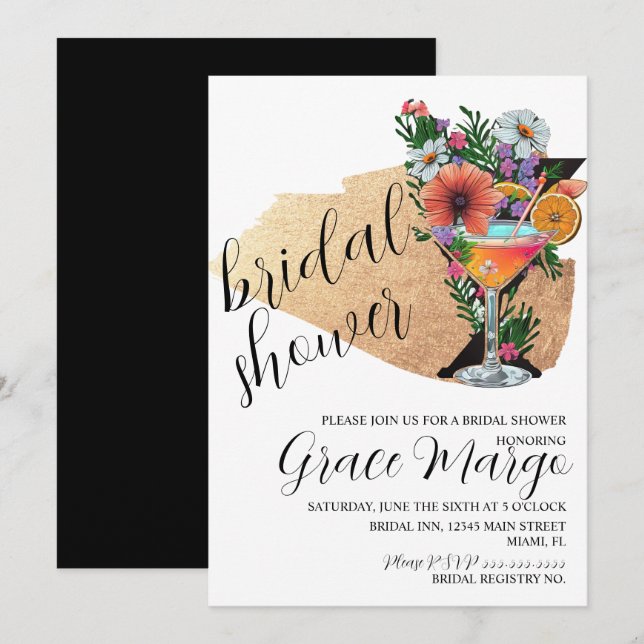 Botanisk Cocktail Glitter Svart Bröllopsdusch   Inbjudningar (Fram/baksida)