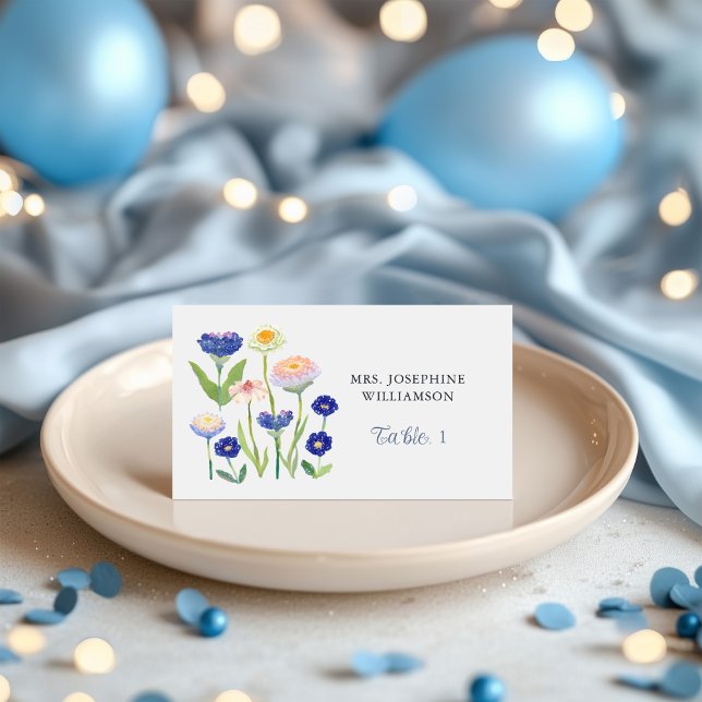 Botanisk dammig blå vildblomma baby shower placeringskort (Skapare uppladdad)