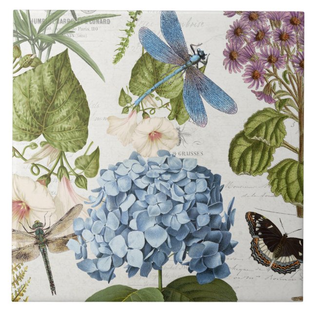 Botanisk Dragonfly Blomsterträdgård Blommigt Vinta Kakelplatta (Framsidan)
