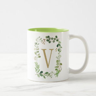 Botanisk drömgrönt lämnar monogramen Två-Tonad mugg