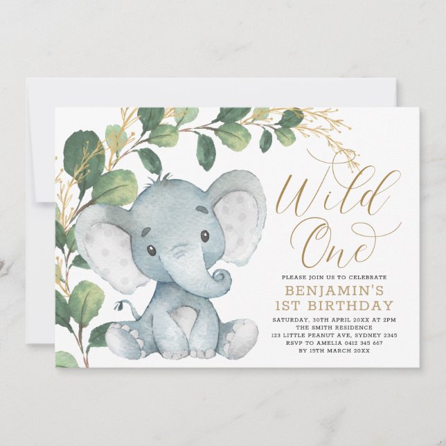 Botanisk Elefant Wild One Grönska 1-årsdag Inbjudningar (Framsida)