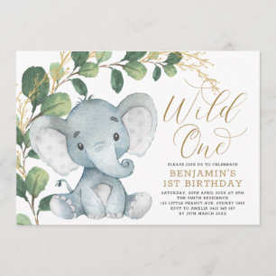 Botanisk Elefant Wild One Grönska 1-årsdag Inbjudningar