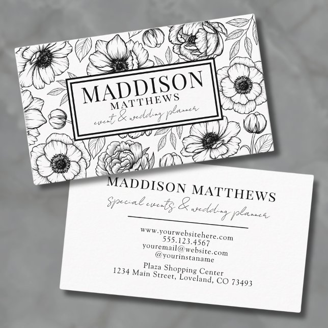 Botanisk Elegant Modern Svart Vit Blommig Visitkort (Modern Black White Floral Business Card)