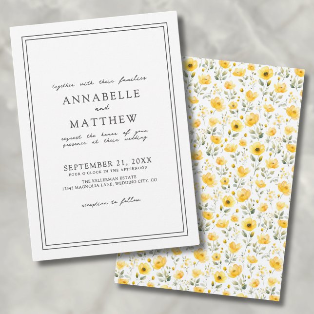 Botanisk Enkel Gul Vildblomma Boho Bröllop Inbjudningar (Botanical Simple Yellow Wildflower Boho Wedding Invitation)