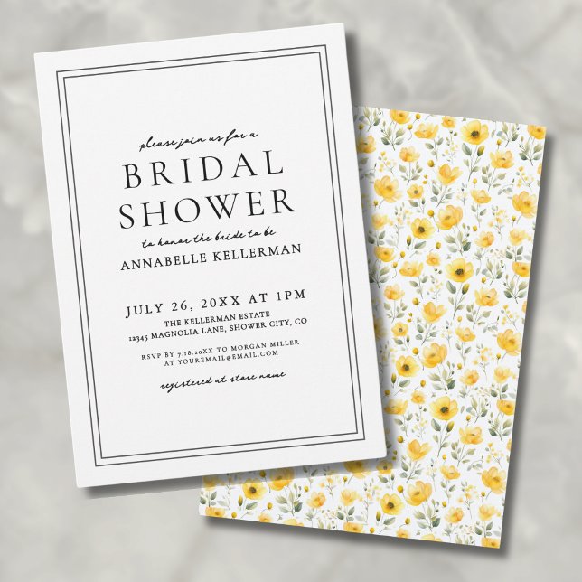 Botanisk enkel Gult Wildblomma Möhippa Inbjudningar (Botanical Simple Yellow Wildflower Bridal Shower Invitation)