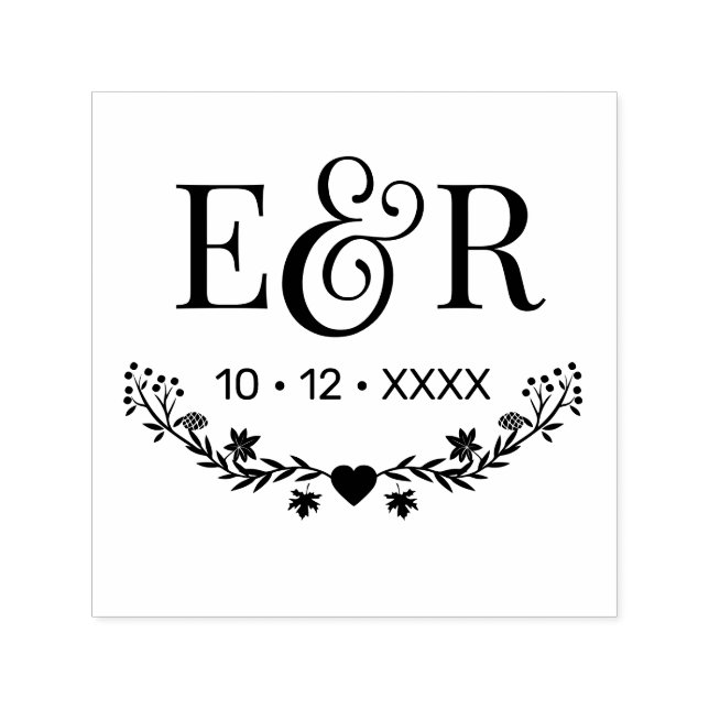 Botanisk et-tecken-par 2 Initialer Monogram Datum Självfärgande Stämpel (Design)