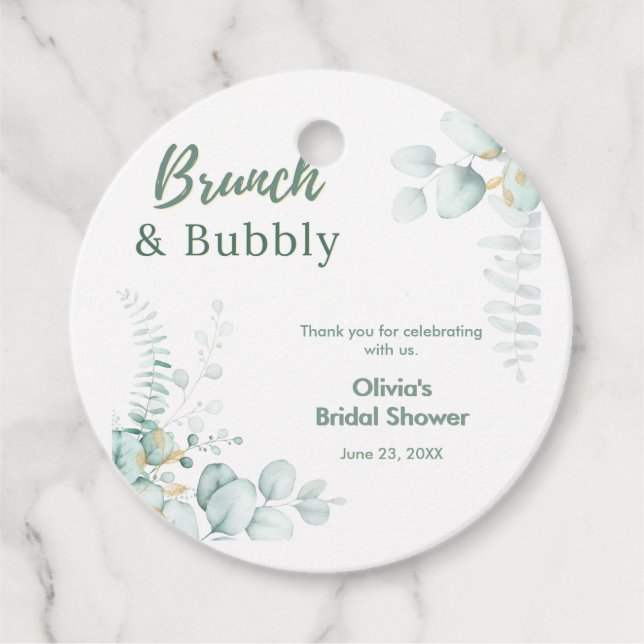 Botanisk Eukalyptus Brunch & Bubbly Bröllopsfest Gåvor Etiketter (Framsida)